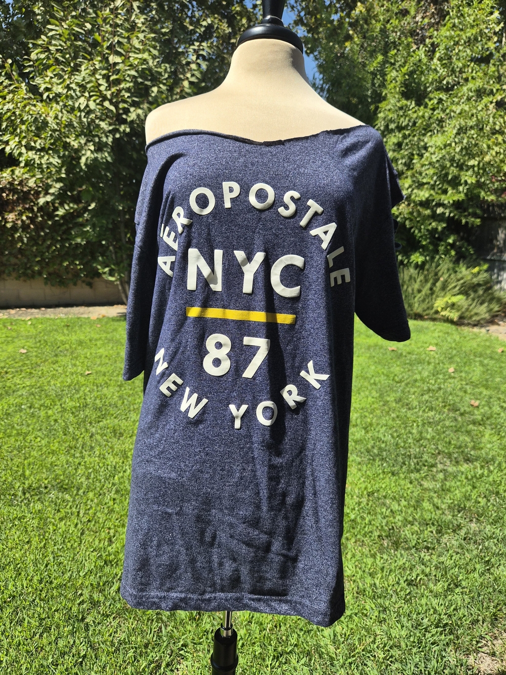Aeropostale Upcycled Navy Blue Off-Shoulder 'NYC 87' Graphic Tee #0522